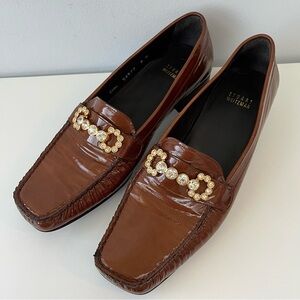 Stuart Weitzman Brown Patent Leather 9M Loafers Crystal Buckle Square Toe Shoes